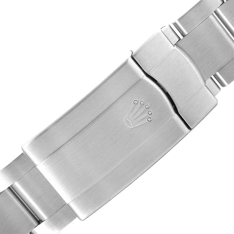 The image shows the clasp part of the band of a Rolex Air-King 114210 Men's Stainless Steel White Dial 114210 Men's Stainless Steel White Dial watch, displaying the Rolex logo.