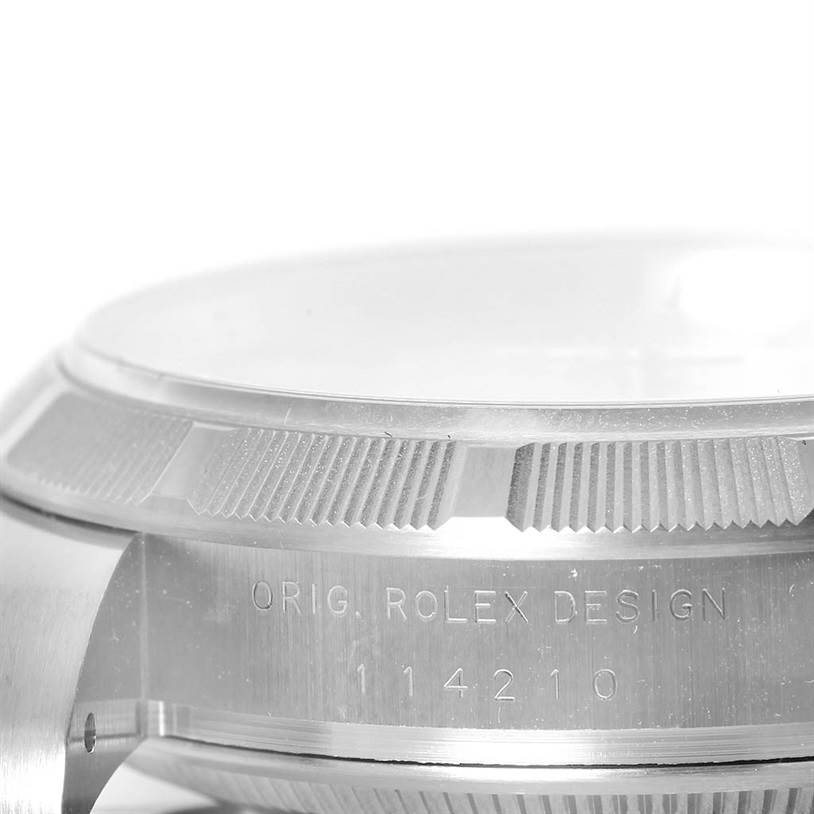 This image shows a close-up side view of the casing and bezel of the Rolex Air-King 114210 Men's Stainless Steel White Dial 114210 Men's Stainless Steel White Dial watch, model 114210.