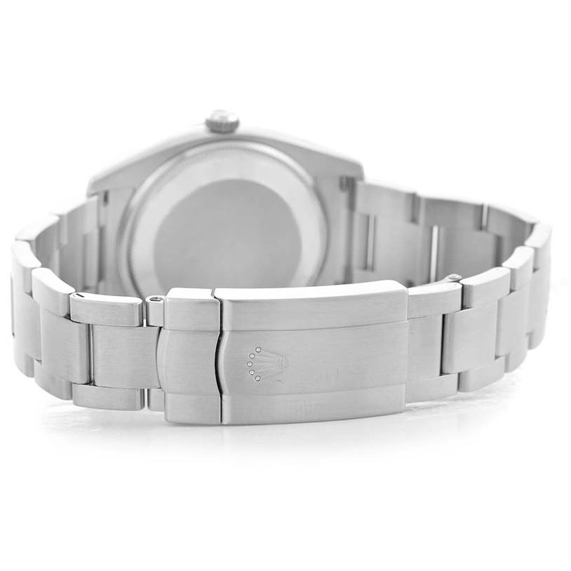 This image shows the backside and clasp of the Rolex Air-King 114210 Men's Stainless Steel White Dial 114210 Men's Stainless Steel White Dial watch at an angled view.