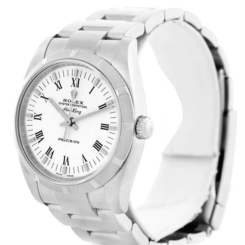 The image shows a Rolex Air-King 114210 Men's Stainless Steel White Dial 114210 Men's Stainless Steel White Dial watch at a slight angle, highlighting its face, bezel, crown, and bracelet.