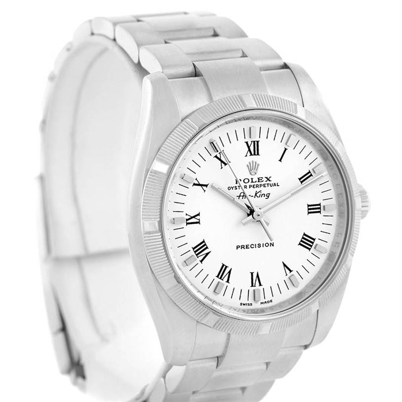 The image shows a Rolex Air-King 114210 Men's Stainless Steel White Dial 114210 Men's Stainless Steel White Dial watch from a front angle, highlighting its dial, hour markers, and bracelet.