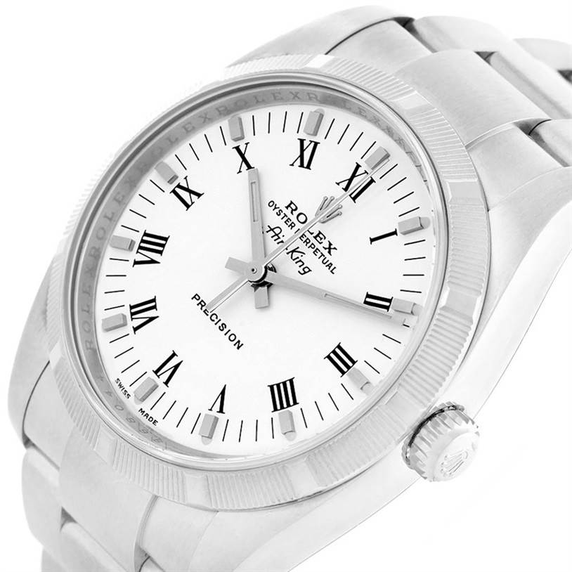 The image shows a close-up angled view of the Rolex Air-King 114210 Men's Stainless Steel White Dial 114210 Men's Stainless Steel White Dial watch, featuring the dial, case, and partial bracelet.