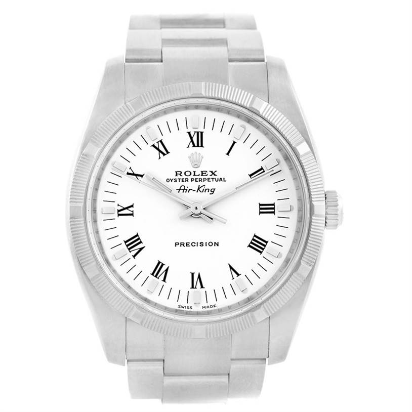 The Rolex Air-King 114210 Men's Stainless Steel White Dial 114210 Men's Stainless Steel White Dial watch is shown from a front angle, displaying the dial, hands, bezel, and part of the bracelet.