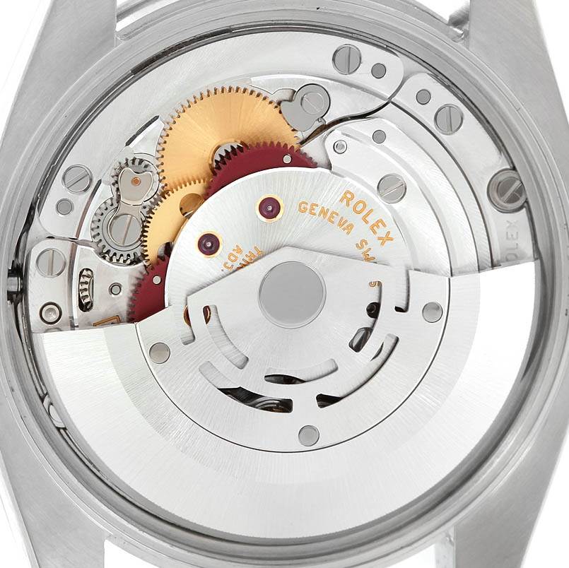 This image shows the movement mechanism from the back of a Rolex Air-King 114210 Men's Stainless Steel White Dial 114210 Men's Stainless Steel White Dial watch.