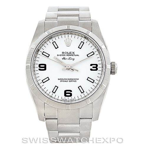 The image shows a front view of the Rolex Air-King 114210 Men's Stainless Steel White Dial 114210 Men's Stainless Steel White Dial watch, highlighting its white dial, hour markers, and metal bracelet.