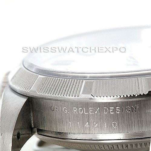 The image shows a close-up side view of the bezel and case of a Rolex Air-King 114210 Men's Stainless Steel White Dial 114210 Men's Stainless Steel White Dial watch, featuring the model number 114210.