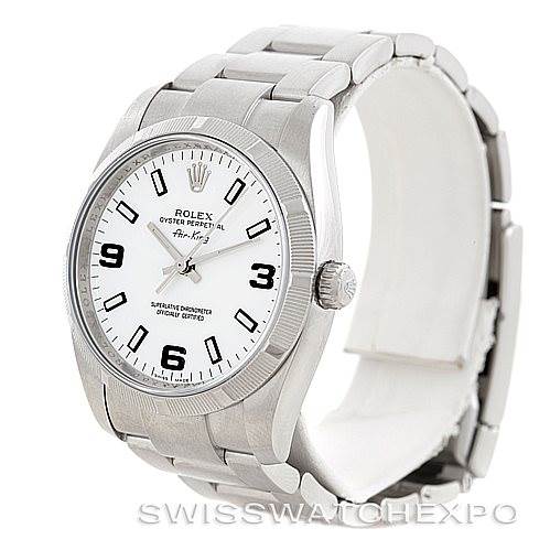 This image shows a front angled view of the Rolex Air-King 114210 Men's Stainless Steel White Dial 114210 Men's Stainless Steel White Dial watch, highlighting its dial, bezel, and bracelet.