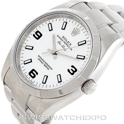 The image shows a Rolex Air-King 114210 Men's Stainless Steel White Dial 114210 Men's Stainless Steel White Dial watch at a 3/4 angle, highlighting the face, crown, and part of the bracelet.