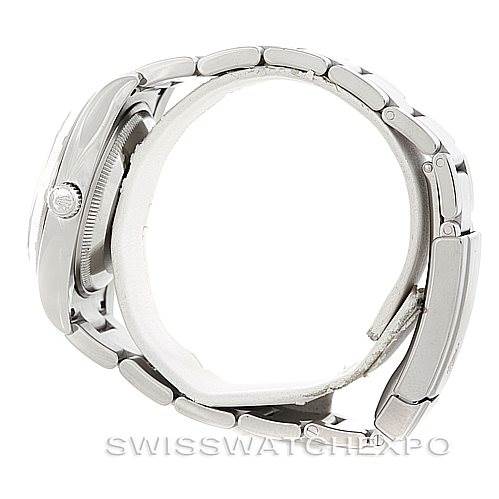 This is a side view of the Rolex Air-King 114210 Men's Stainless Steel White Dial 114210 Men's Stainless Steel White Dial watch showcasing the bracelet, clasp, and crown.