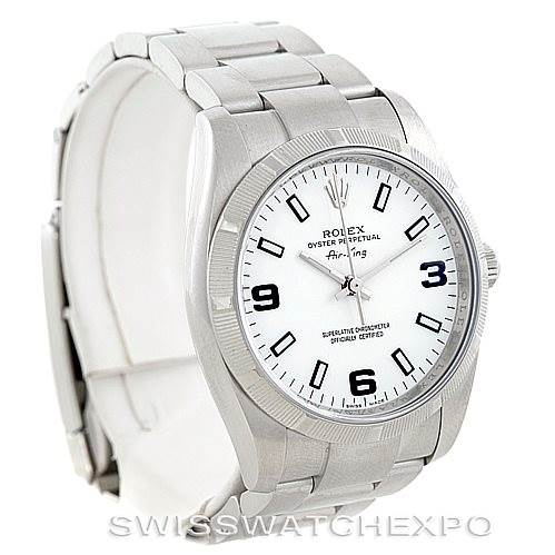 The image shows the Rolex Air-King 114210 Men's Stainless Steel White Dial 114210 Men's Stainless Steel White Dial watch from an angled front view, highlighting the face, bezel, and bracelet.