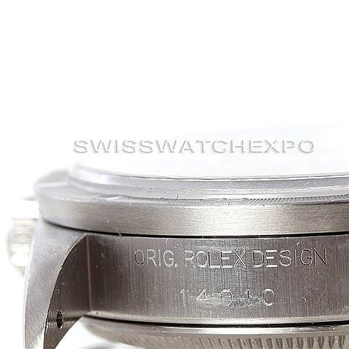 This is a close-up angle of the side of the Rolex Air-King 14010 Men's Stainless Steel Black Dial 14010 Men's Stainless Steel Black Dial watch showing the case and engraved writing.