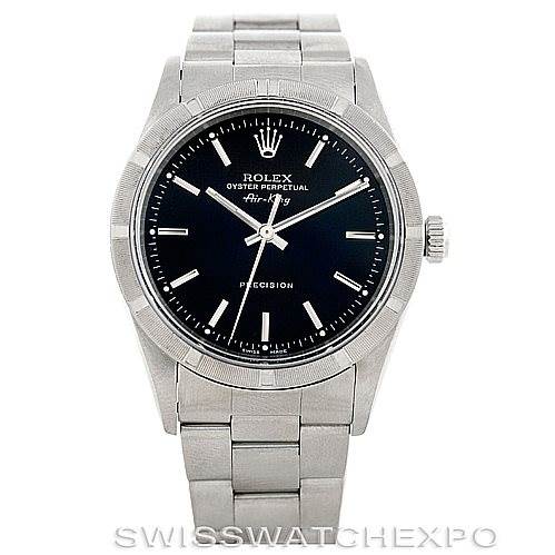 The image shows a front view of a Rolex Air-King 14010 Men's Stainless Steel Black Dial 14010 Men's Stainless Steel Black Dial watch, highlighting the dial, bezel, crown, and bracelet.