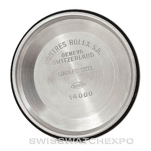 This image shows the inside case back of a Rolex Air-King 14010 Men's Stainless Steel Black Dial 14010 Men's Stainless Steel Black Dial watch, displaying engravings such as "MONTRES ROLEX S.A." and the model number "14000."