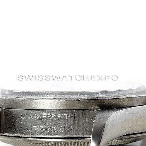 This image shows a side view of a Rolex Air-King 14010 Men's Stainless Steel Black Dial 14010 Men's Stainless Steel Black Dial watch, highlighting the stainless steel case and etched serial number.