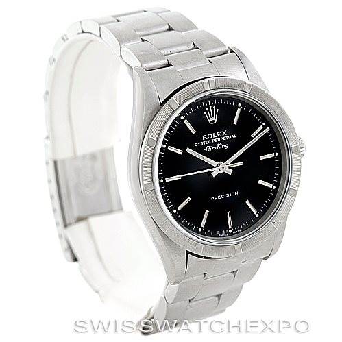 The image shows a Rolex Air-King 14010 Men's Stainless Steel Black Dial 14010 Men's Stainless Steel Black Dial watch in a three-quarter view, displaying the dial, bracelet, and clasp.