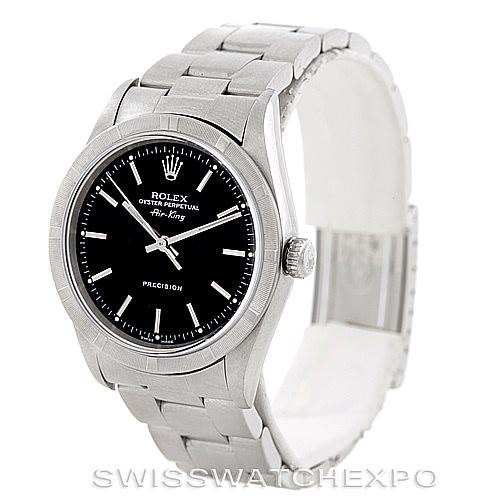 The image shows a side-angle view of the Rolex Air-King 14010 Men's Stainless Steel Black Dial 14010 Men's Stainless Steel Black Dial watch, focusing on the bracelet, dial, and crown.