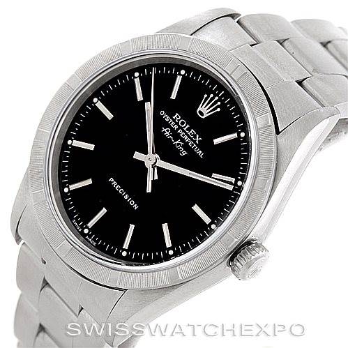 The image shows a Rolex Air-King 14010 Men's Stainless Steel Black Dial 14010 Men's Stainless Steel Black Dial watch at a slight side angle, displaying the face, crown, and part of the bracelet.
