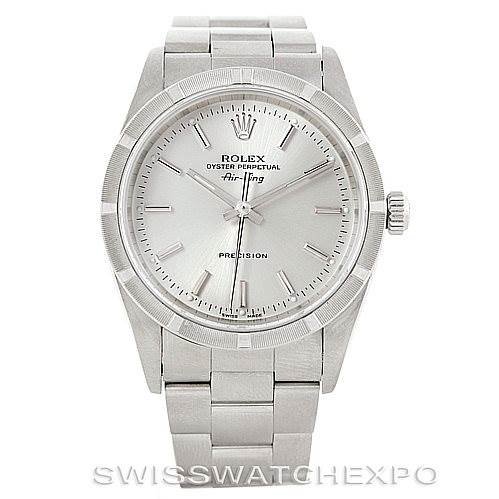 The image shows a front view of the Rolex Air-King 14010 Men's Stainless Steel Silver Dial 14010 Men's Stainless Steel Silver Dial watch, highlighting the face, bezel, crown, and bracelet.