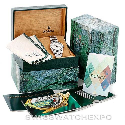 The image shows a Rolex Air-King 14010 Men's Stainless Steel Silver Dial 14010 Men's Stainless Steel Silver Dial watch in its box, accompanied by a cleaning cloth, warranty card, and instruction booklet.
