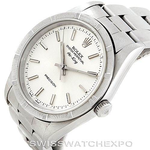 The image shows a Rolex Air-King 14010 Men's Stainless Steel Silver Dial 14010 Men's Stainless Steel Silver Dial watch from an oblique angle, highlighting the watch face, bezel, and part of the bracelet.