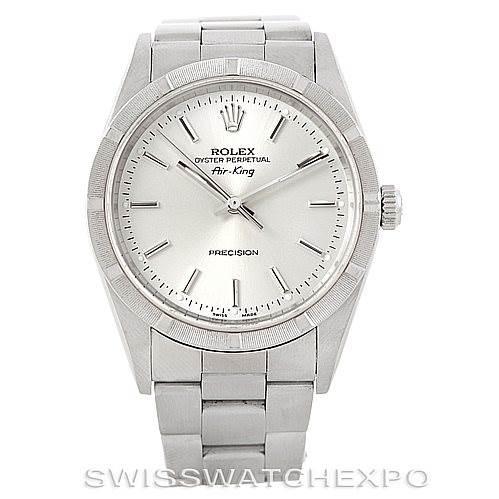 This image shows a front view of a Rolex Air-King 14010 Men's Stainless Steel Silver Dial 14010 Men's Stainless Steel Silver Dial watch, displaying its dial, bezel, crown, and bracelet.