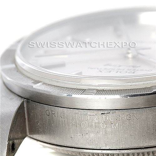 The image shows a close-up side view of the case and dial of a Rolex Air-King 14010 Men's Stainless Steel Silver Dial 14010 Men's Stainless Steel Silver Dial watch, highlighting the engraving on the case.