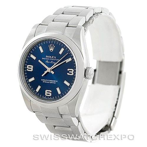 This image shows a front-facing angle of a Rolex Air-King 114200 Men's Stainless Steel Blue Dial 114200 Men's Stainless Steel Blue Dial watch with a stainless steel case, blue dial, and silver bracelet.