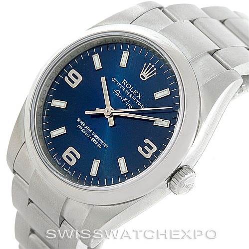 The image shows a Rolex Air-King 114200 Men's Stainless Steel Blue Dial 114200 Men's Stainless Steel Blue Dial watch at a slight angle, clearly displaying the face, crown, and part of the bracelet.