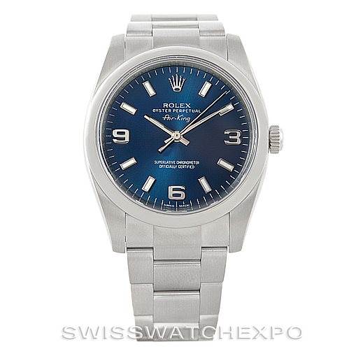This image shows a front view of a Rolex Air-King 114200 Men's Stainless Steel Blue Dial 114200 Men's Stainless Steel Blue Dial watch, displaying its blue dial, crown, and stainless steel bracelet.