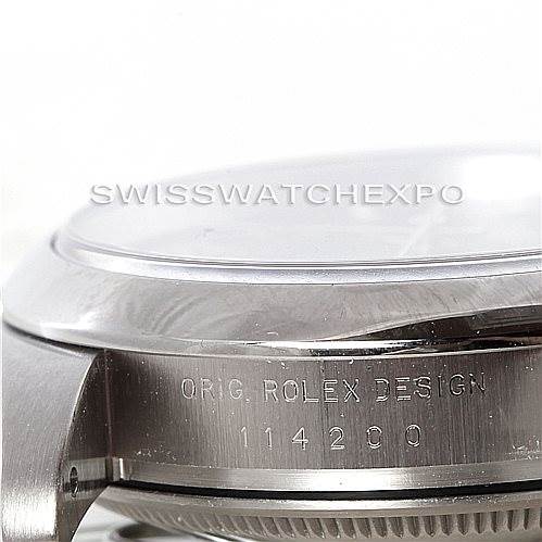 This image shows a close-up side view of a Rolex Air-King 114200 Men's Stainless Steel Blue Dial 114200 Men's Stainless Steel Blue Dial watch, focusing on the case and bezel with the model number visible.
