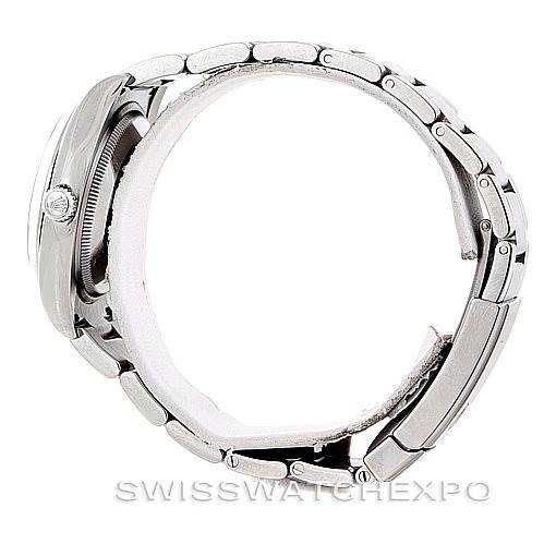 The image shows a side profile of a Rolex Air-King 114200 Men's Stainless Steel Blue Dial 114200 Men's Stainless Steel Blue Dial watch focusing on the case and bracelet.