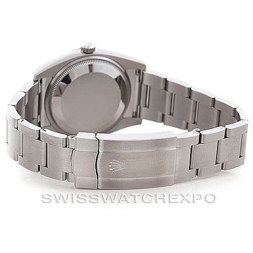 The image shows the back view of the Rolex Air-King 114200 Men's Stainless Steel Blue Dial 114200 Men's Stainless Steel Blue Dial watch, highlighting its clasp and bracelet.