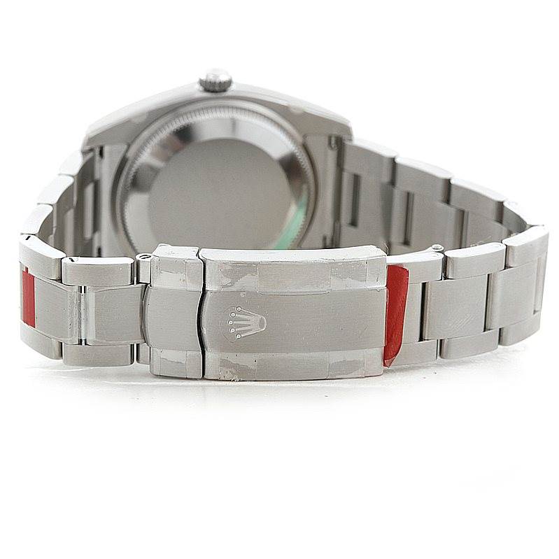 The image shows the back view of a Rolex Air-King 114200 Men's Stainless Steel Blue Dial 114200 Men's Stainless Steel Blue Dial watch, highlighting the bracelet and clasp.