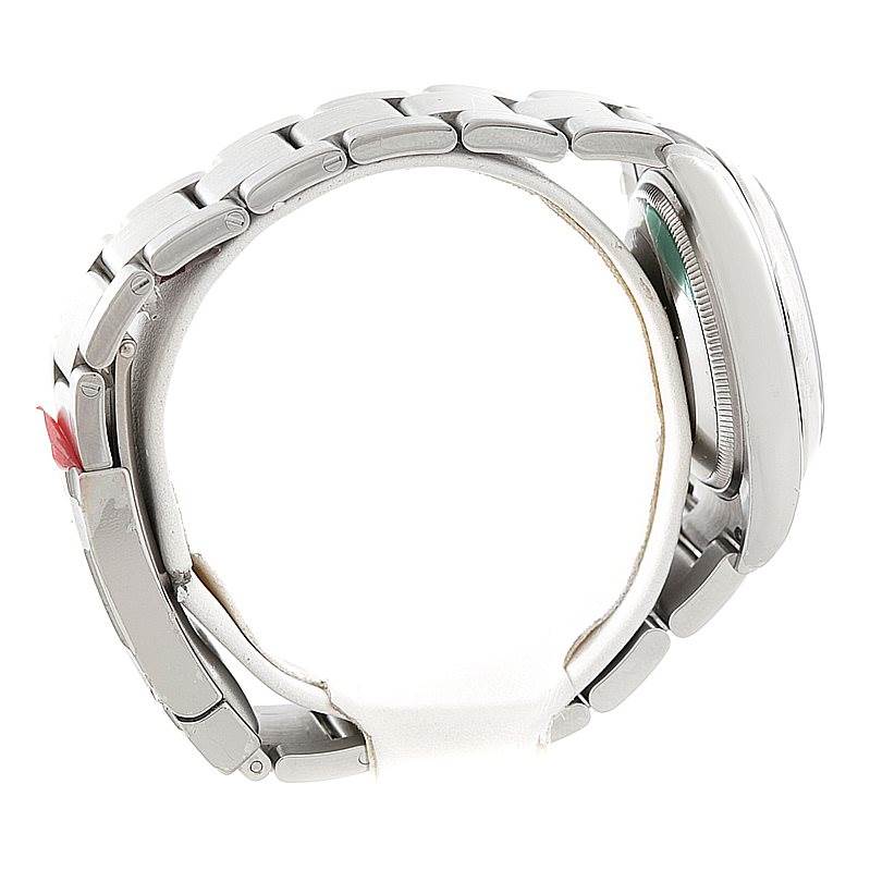 The image shows a side profile of the Rolex Air-King 114200 Men's Stainless Steel Blue Dial 114200 Men's Stainless Steel Blue Dial watch, highlighting its bracelet, clasp, and case.