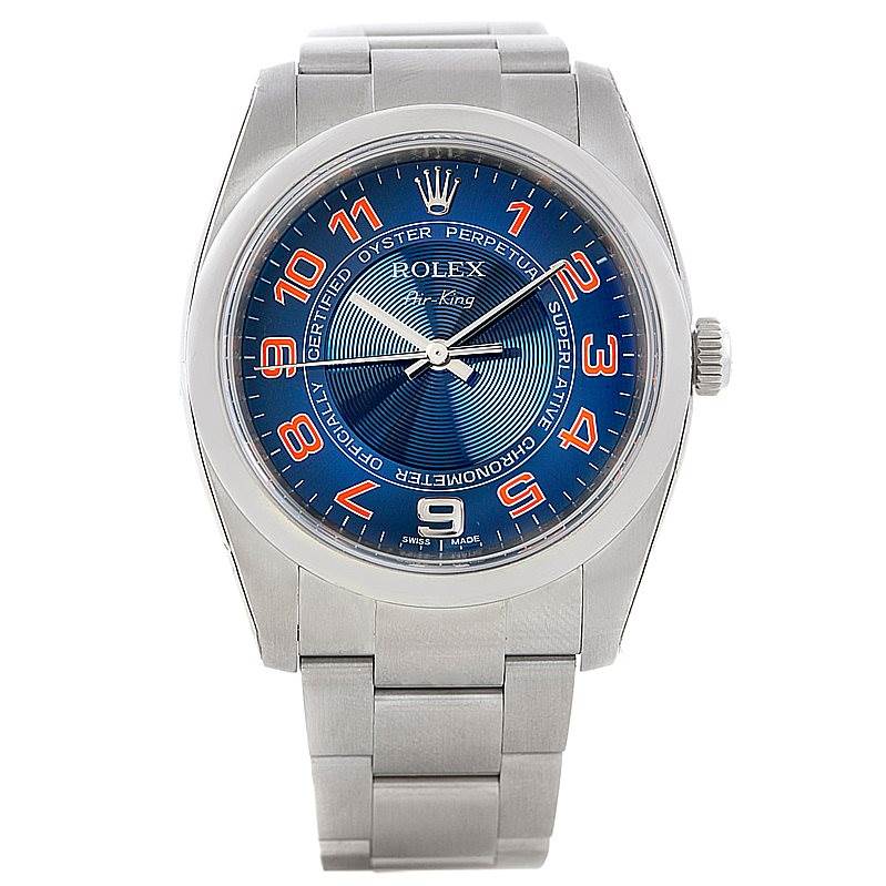 This image shows a front view of the Rolex Air-King 114200 Men's Stainless Steel Blue Dial 114200 Men's Stainless Steel Blue Dial watch, including the dial, case, crown, and bracelet.