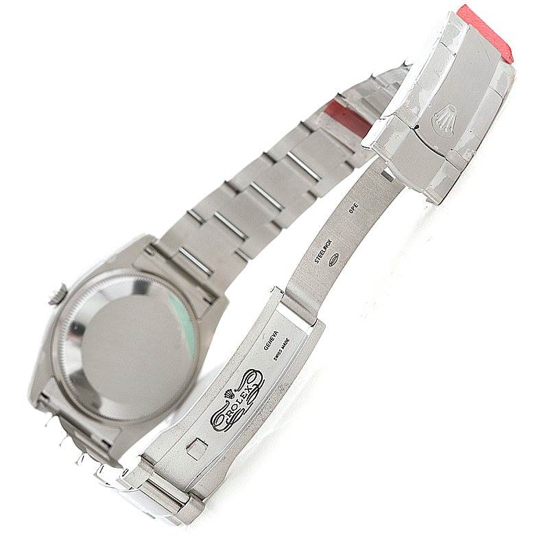 The image shows the open clasp and back of the bracelet of a Rolex Air-King 114200 Men's Stainless Steel Blue Dial 114200 Men's Stainless Steel Blue Dial watch.