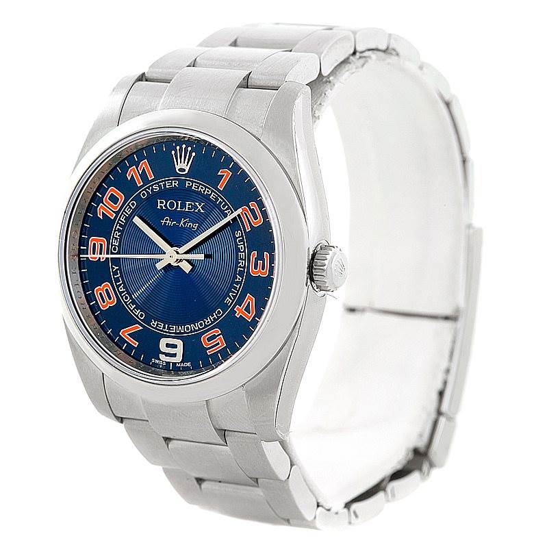 The image shows a front angle view of a Rolex Air-King 114200 Men's Stainless Steel Blue Dial 114200 Men's Stainless Steel Blue Dial watch, highlighting its dial, bezel, crown, and bracelet.