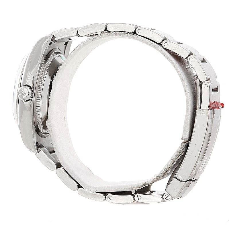 The image shows a side view of a Rolex Air-King 114200 Men's Stainless Steel Blue Dial 114200 Men's Stainless Steel Blue Dial watch, focusing on the bracelet and side of the case.