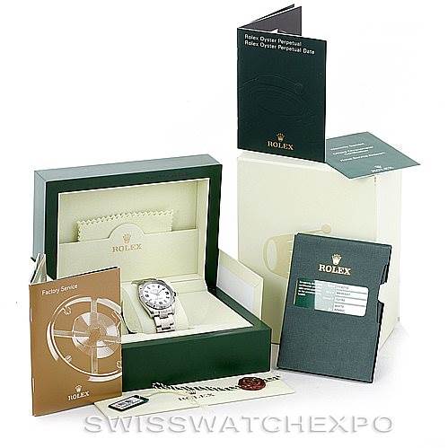 The image shows a Rolex Air-King 114210 Men's Stainless Steel White Dial 114210 Men's Stainless Steel White Dial watch from the front, along with its box, warranty card, manual, and service booklet.