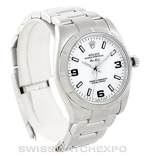 The image shows a front and slightly angled view of a Rolex Air-King 114210 Men's Stainless Steel White Dial 114210 Men's Stainless Steel White Dial watch, highlighting its face, bezel, crown, and bracelet.