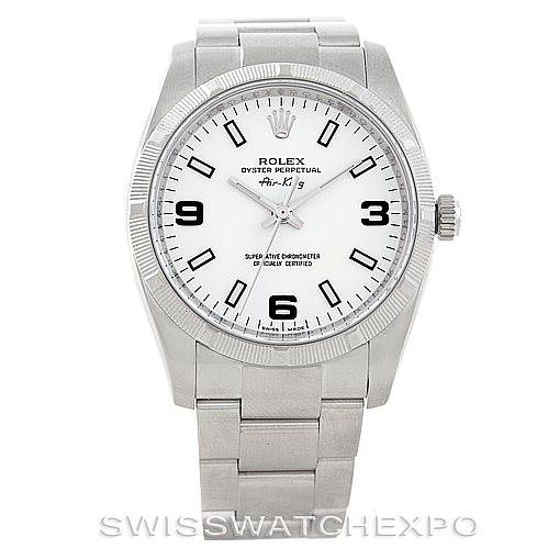 The Rolex Air-King 114210 Men's Stainless Steel White Dial 114210 Men's Stainless Steel White Dial watch is shown from a front angle, displaying the dial, bezel, crown, and bracelet.