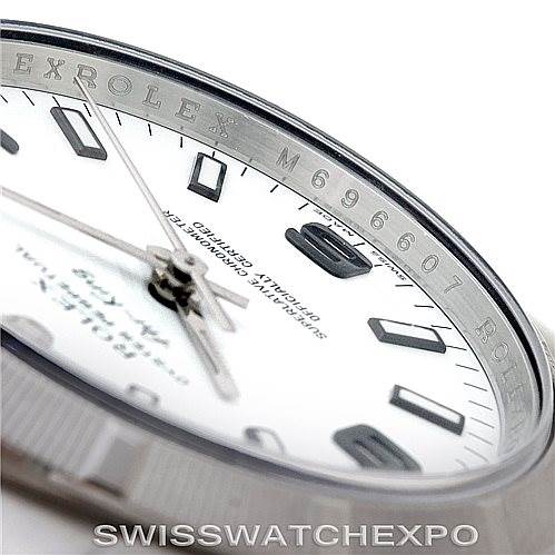 The image shows a close-up of the dial and part of the bezel of the Rolex Air-King 114210 Men's Stainless Steel White Dial 114210 Men's Stainless Steel White Dial watch.