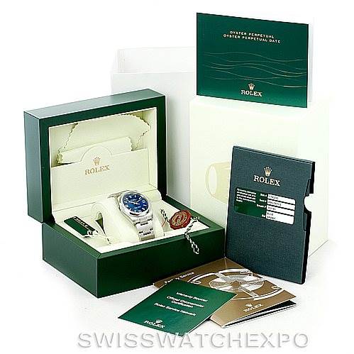 The image shows a Rolex Air-King 114200 Men's Stainless Steel Blue Dial 114200 Men's Stainless Steel Blue Dial watch and accessories, including the box, manuals, and certification, from a front angle.