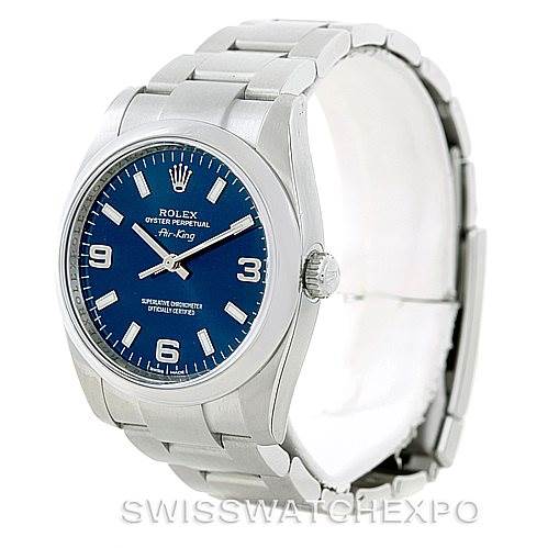 This image shows a front angle view of the Rolex Air-King 114200 Men's Stainless Steel Blue Dial 114200 Men's Stainless Steel Blue Dial watch, displaying the dial, crown, and bracelet.