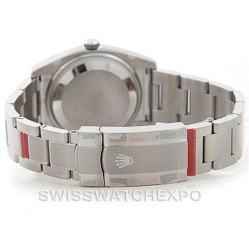 The image shows the back of the Rolex Air-King 114200 Men's Stainless Steel Blue Dial 114200 Men's Stainless Steel Blue Dial watch, focusing on the closed clasp and part of the bracelet.