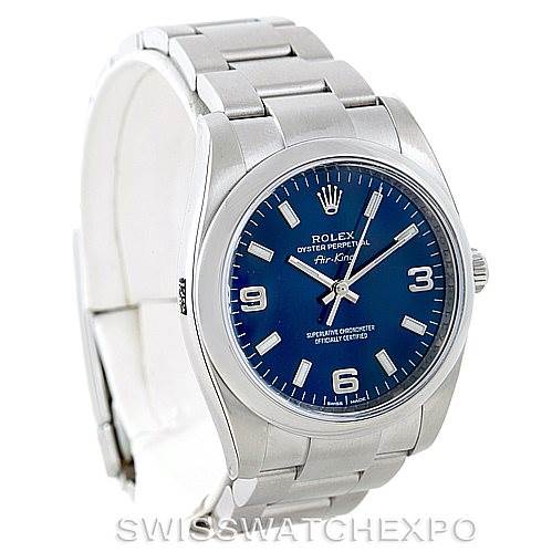 The image shows a Rolex Air-King 114200 Men's Stainless Steel Blue Dial 114200 Men's Stainless Steel Blue Dial watch at a three-quarter front angle, highlighting the blue dial, bracelet, and clasp.