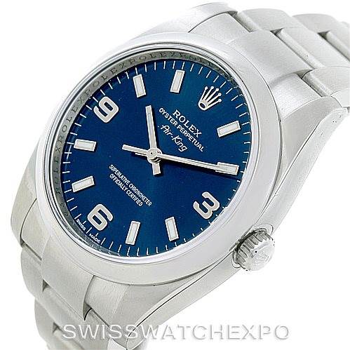 The image shows a Rolex Air-King 114200 Men's Stainless Steel Blue Dial 114200 Men's Stainless Steel Blue Dial watch at a slight angle, highlighting its blue dial, crown, and part of its bracelet.