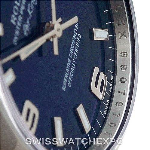 Close-up view of the dial, bezel, and part of the bracelet of a Rolex Air-King 114200 Men's Stainless Steel Blue Dial 114200 Men's Stainless Steel Blue Dial watch, showing the hour markers and hands.