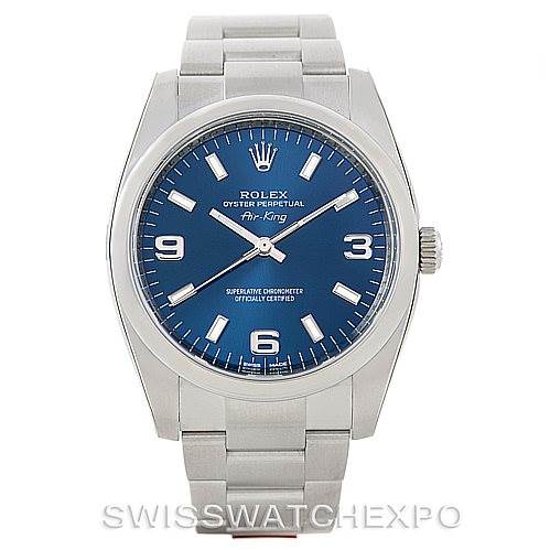 The image shows a front view of a Rolex Air-King 114200 Men's Stainless Steel Blue Dial 114200 Men's Stainless Steel Blue Dial watch, displaying the dial, case, bezel, and bracelet.