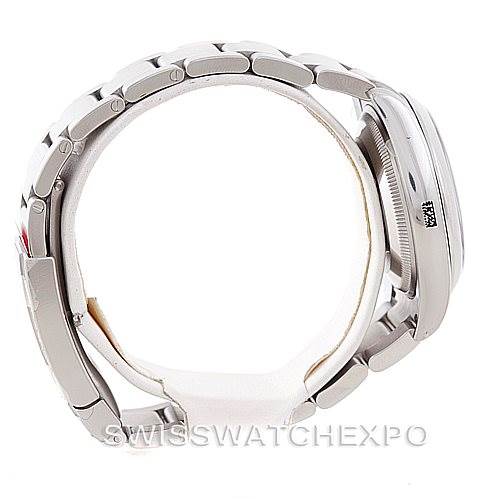 The image shows a side profile of a Rolex Air-King 114200 Men's Stainless Steel Blue Dial 114200 Men's Stainless Steel Blue Dial watch, highlighting the bracelet and case.